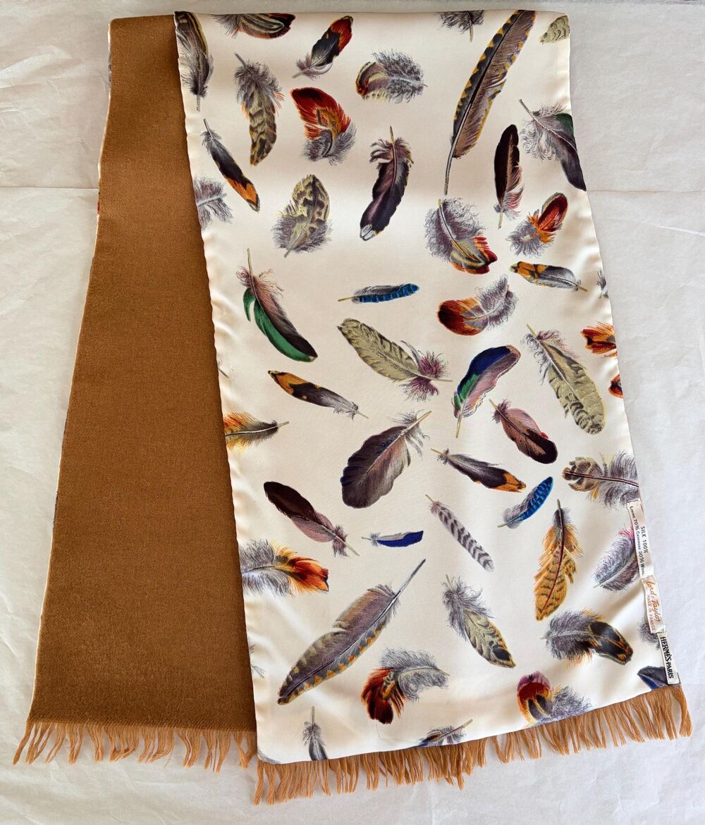 Vtg Hermes Plume Feathers Print Stole Scarf Silk Cashmere Reversible 90s